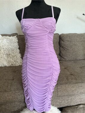 Shero Ruched Lavender Midi Dress with Spaghetti Straps